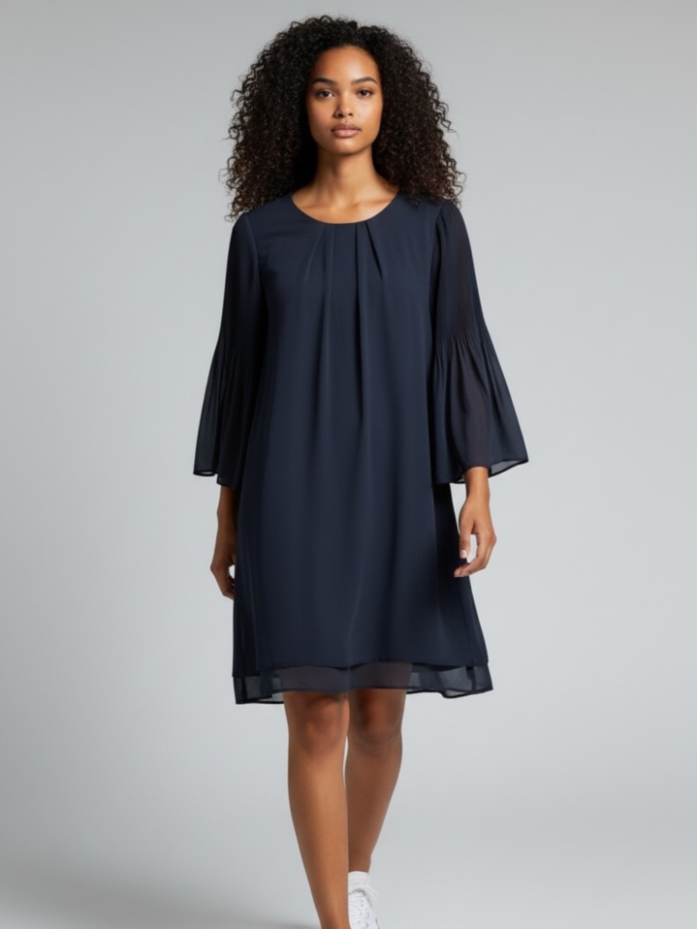 NWOT H&M Navy Blue Pleated Bell 3/4 Length Sleeved Midi Flare Dress Size 8